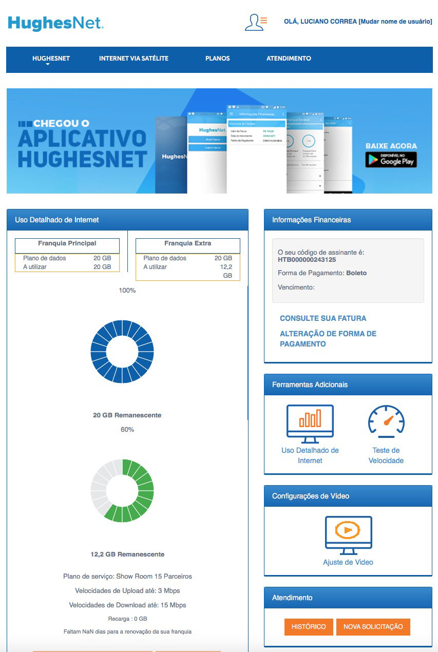 Painel do Assinante HughesNet com gráfico de consumo de dados